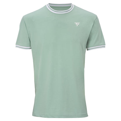 The Tecnifibre Team Stretch Mens Padel T-Shirt in sage green is made from organic cotton, with white and light gray striped collar and sleeves, and a small white chest logo. Part of the Tecnifibre Team Stretch collection.