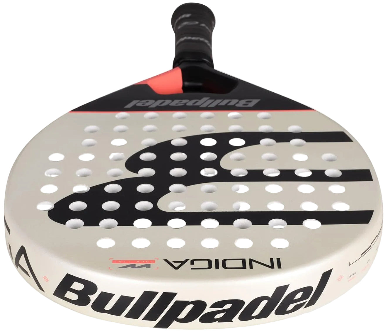 The Bullpadel Indiga W 2026 Padel Racket by Bullpadel is beige with a black handle, black and red accents, and round holes on the surface, shown against a plain light gray background.