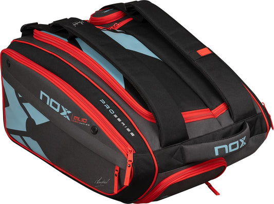 The NOX ML10 Team 4 Racket Padel Bag in Black/Clay features padded straps, side compartments, red zippers, and a modern design—perfect for carrying your gear to every match.