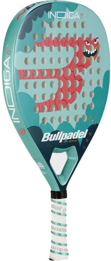 The Bullpadel INDIGA Junior Girls 2026 padel racket by Bullpadel features a turquoise design with a red cartoon dragon on the face and a white-turquoise grip—an eye-catching, fun choice for kids.