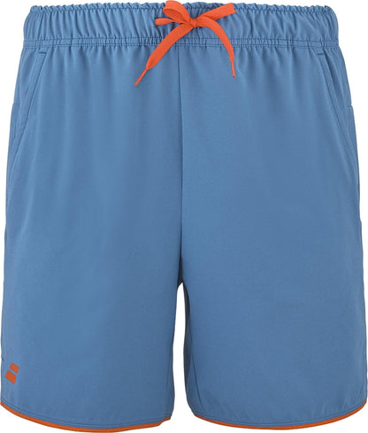 The Babolat Perf Mens Padel Shorts - Seaport feature an elastic waistband, orange drawstring and trim, a small orange logo, side pockets, and breathable lightweight fabric.