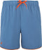 The Babolat Perf Mens Padel Shorts - Seaport feature an elastic waistband, orange drawstring and trim, a small orange logo, side pockets, and breathable lightweight fabric.