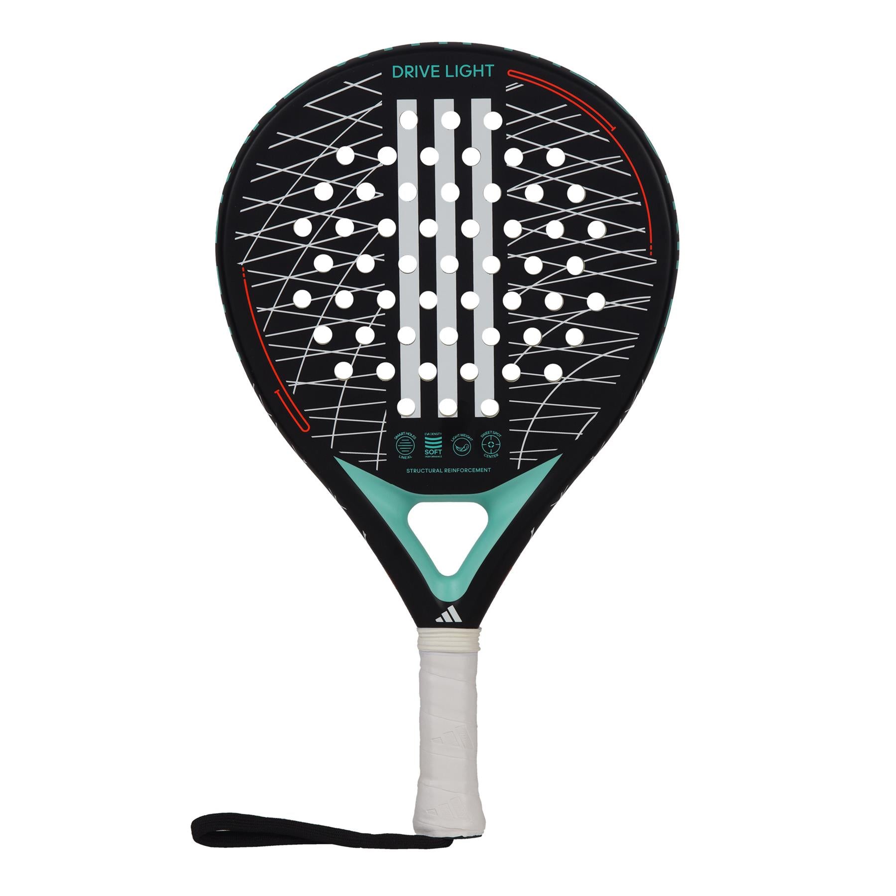 The ADIDAS Drive Light 3.3 Padel Racket in black and blue is lightweight, featuring a perforated surface and a handle wrapped in white. Perfect for beginners looking for both control and power, "Drive Light" is prominently printed on top, and there's an attached wrist strap for additional security.