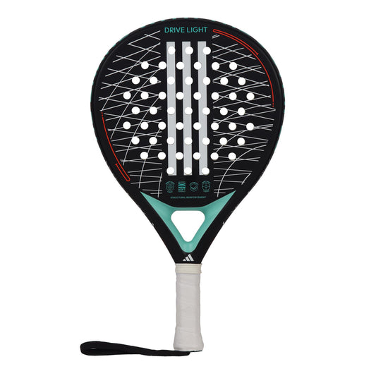 The ADIDAS Drive Light 3.3 Padel Racket in black and blue is lightweight, featuring a perforated surface and a handle wrapped in white. Perfect for beginners looking for both control and power, "Drive Light" is prominently printed on top, and there's an attached wrist strap for additional security.