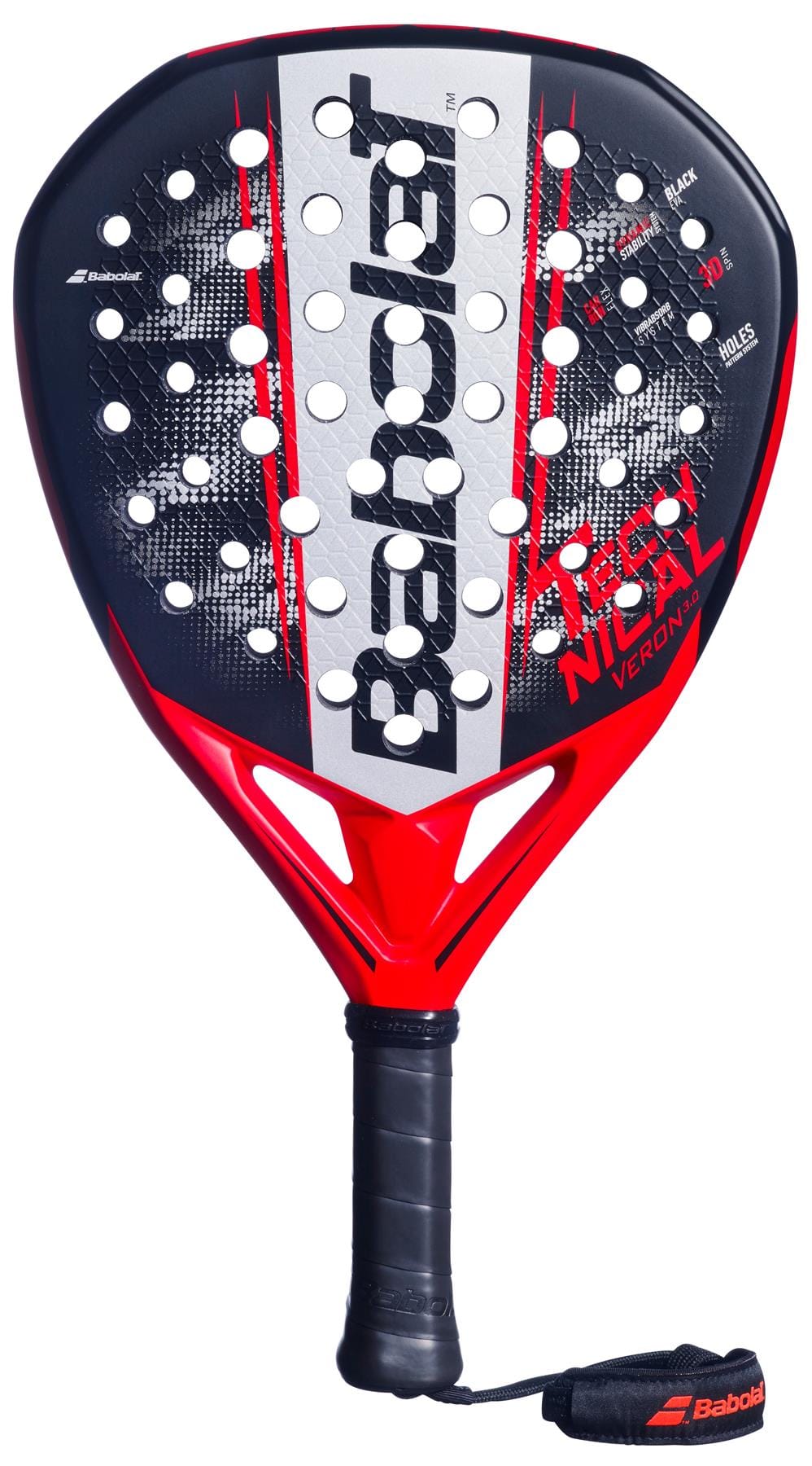 The Babolat Technical Veron 3.0 Padel Racket features a red and black teardrop shape, CarbonFlex construction, a perforated face, bold Babolat branding across the center, and a handle with black grip tape and an attached strap.