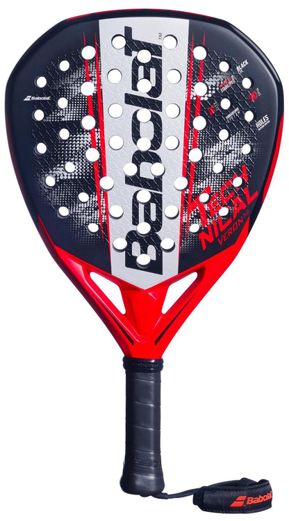 The Babolat Technical Veron 3.0 Padel Racket features a red and black teardrop shape, CarbonFlex construction, a perforated face, bold Babolat branding across the center, and a handle with black grip tape and an attached strap.