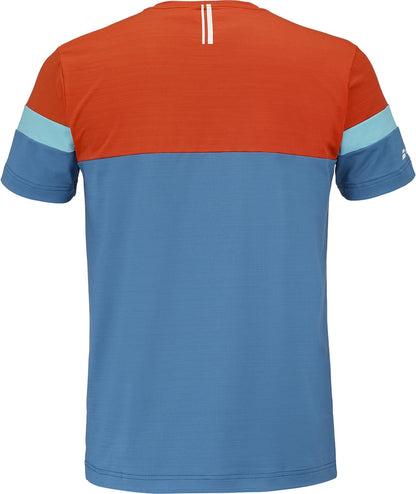 The Babolat Crew Neck Mens Padel T-Shirt - Seaport features short sleeves, a red upper back, blue lower section, light blue sleeve stripes, and a white design by the neckline—perfect for any padel enthusiast.