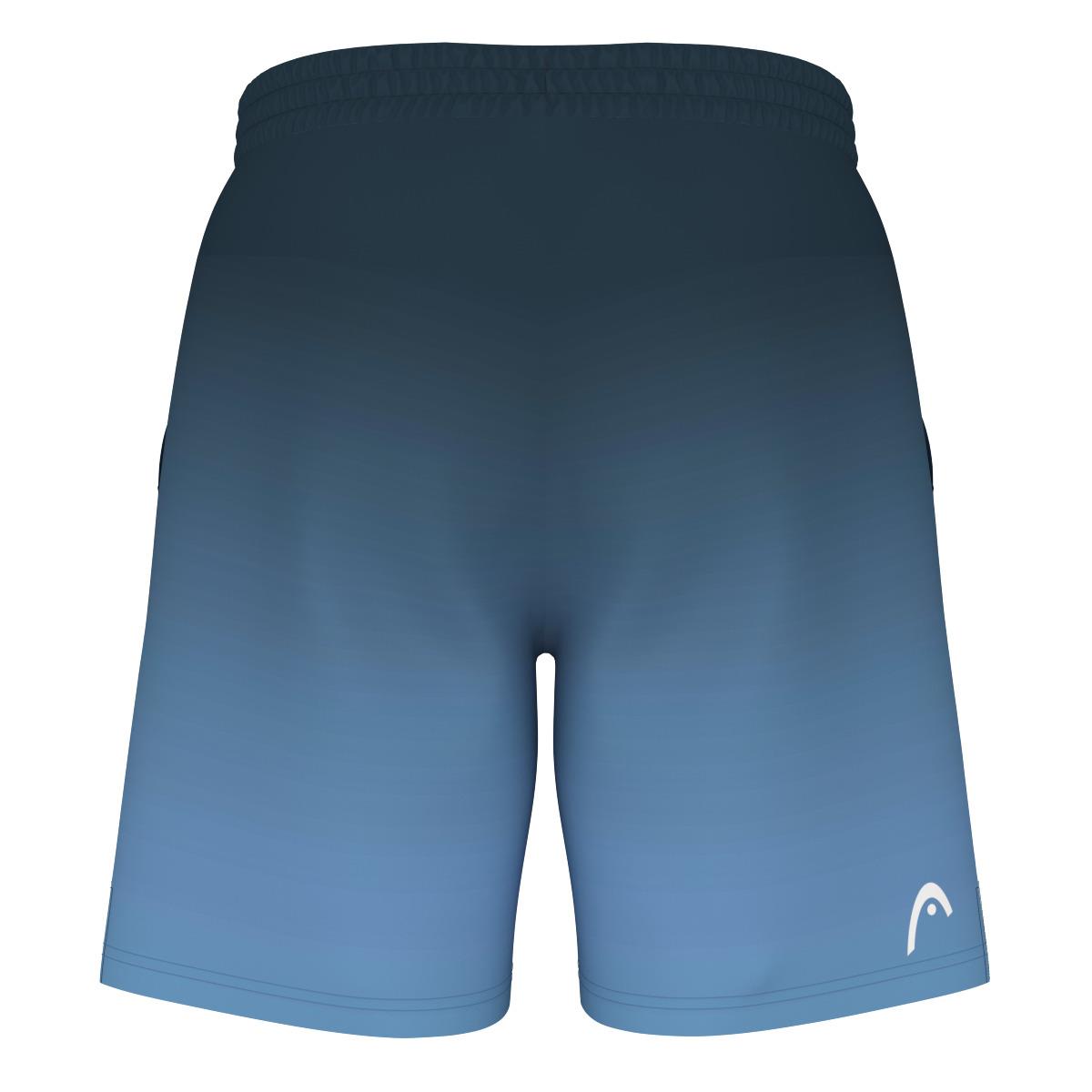 These HEAD Vision Power II men's padel shorts in navy and blue are designed for padel and feature an elastic waistband with a small white logo on the lower left side. The fabric is smooth, lightweight, and equipped with Moisture Transfer Microfiber technology for optimal comfort.