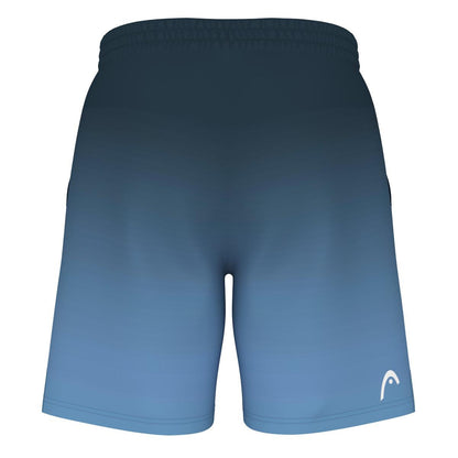 These HEAD Vision Power II men's padel shorts in navy and blue are designed for padel and feature an elastic waistband with a small white logo on the lower left side. The fabric is smooth, lightweight, and equipped with Moisture Transfer Microfiber technology for optimal comfort.