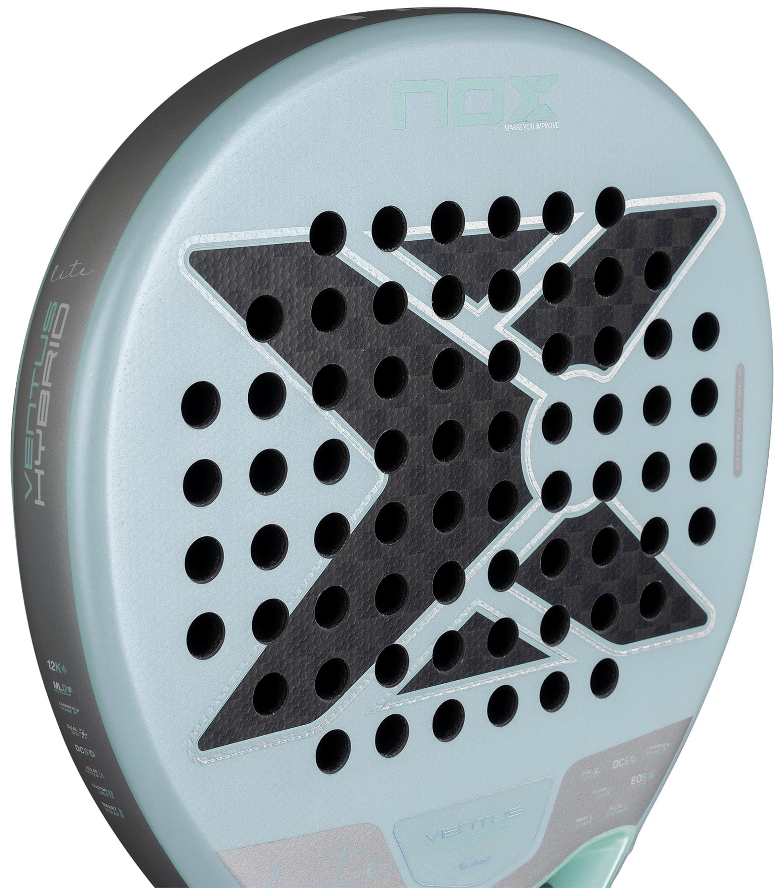 Close-up of the NOX Luxury Ventus 12K Hybrid Lite 2026 Padel Racket - Blue, showing its large black "X" design, light blue-gray border, and "Hybrid" edge. Crafted by NOX from durable 12K carbon fibre for top performance.
