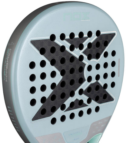 Close-up of the NOX Luxury Ventus 12K Hybrid Lite 2026 Padel Racket - Blue, showing its large black "X" design, light blue-gray border, and "Hybrid" edge. Crafted by NOX from durable 12K carbon fibre for top performance.