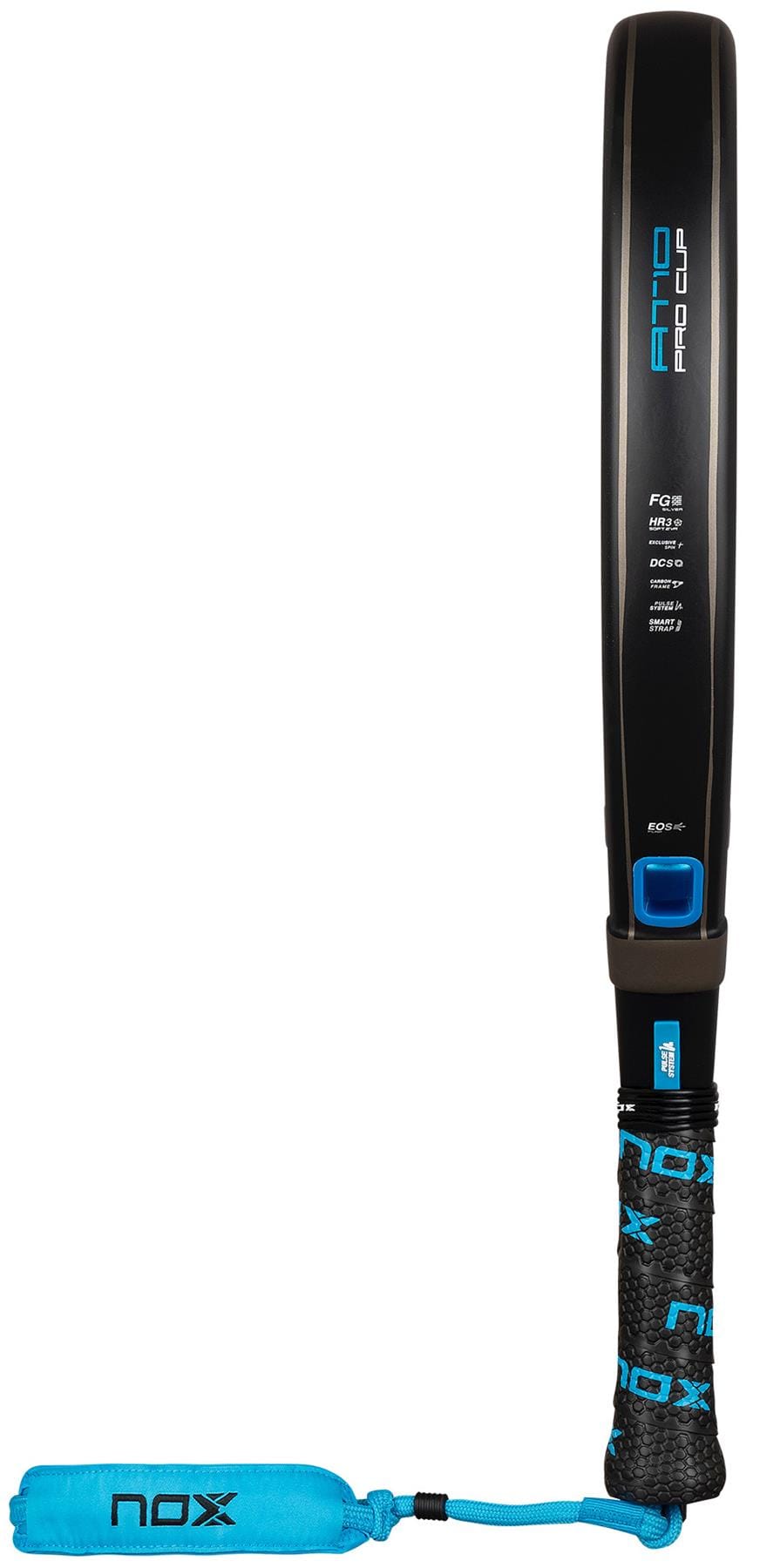 The NOX AT10 Pro Cup Soft By Agustín Tapia 2026 Padel Racket features a black and blue design, detailed side text, and a blue cushioned handle with wrist strap.
