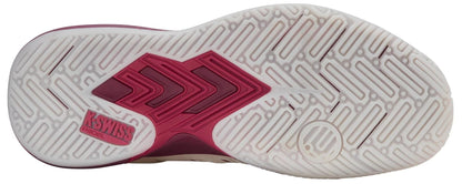 The image displays the sole of the K-Swiss Ultra Court Womens Padel Shoes in Jet Stream/Beaujois/Jazzy, featuring a white geometric tread with a red center section and K-Swiss logo by the heel—designed for high-performance padel play.