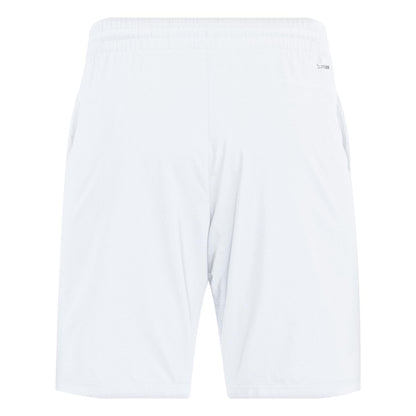 The adidas Men's 3 Stripe Padel Shorts in white feature an elastic waistband, offering lightweight and breathable fabric. These moisture-wicking shorts are ideal for badminton or gym sessions.