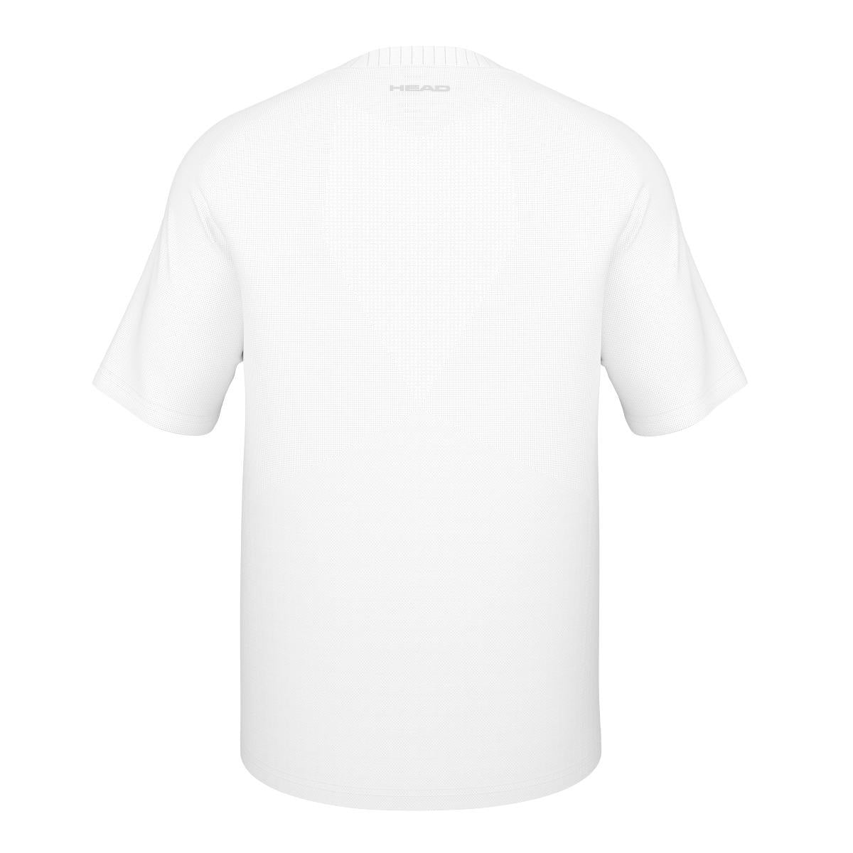 The HEAD Performance Men's Padel T-Shirt - XPWH, a white short-sleeve shirt featuring Moisture Transfer Microfibre technology, is showcased against a white background. A small logo is visible near the neckline on the back of the T-shirt, which boasts a smooth and minimalist design.