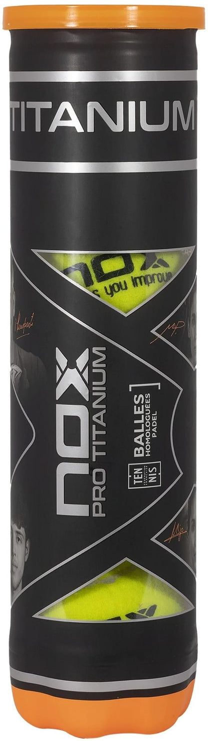 A black cylindrical tube of NOX Pro Titanium Padel Balls by NOX, with three balls, an orange lid, pro players' images and signatures, and a yellow ball visible through an X-shaped window on the front.