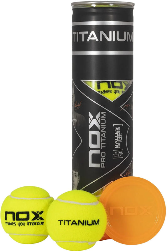 A tube labeled "NOX Pro Titanium Padel Balls - 3 Ball Tube" by NOX contains three yellow padel balls with "NOX" and "TITANIUM" printed in black and an orange lid, designed for professional competition.