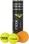 A tube labeled "NOX Pro Titanium Padel Balls - 3 Ball Tube" by NOX contains three yellow padel balls with "NOX" and "TITANIUM" printed in black and an orange lid, designed for professional competition.