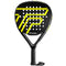 The Tecnifibre Wall Breaker 360 Padel Racket in black and yellow boasts neon geometric patterns and white dots on the face. Its black handle has a wrist strap, providing secure play, while the Tecnifibre brand is displayed above for maximum power on the court.