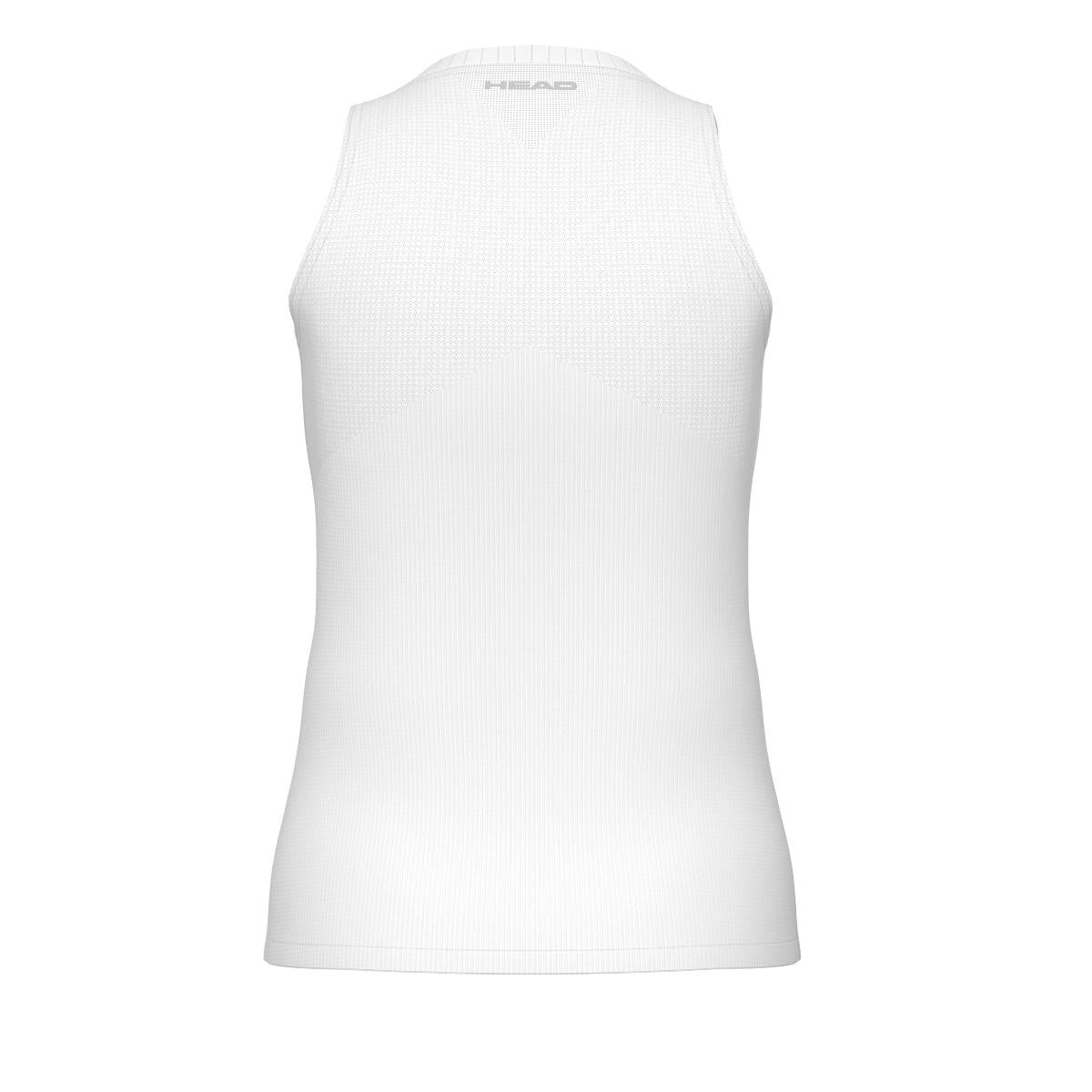 The HEAD Performance Womens Padel Tank Top - VPXR showcases a sleek white sleeveless design from the back, integrated with moisture transfer microfibre and body mapping technology. It features a subtle mesh pattern and a small logo near the neckline for added style.