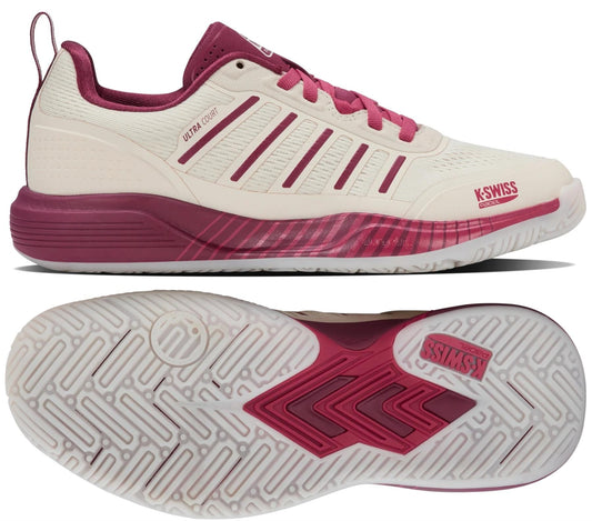 The K-Swiss Ultra Court Women's Padel Shoes in Jet Stream/Beaujois/Jazzy are shown from the side and bottom, featuring maroon accents, textured white sole, and visible "Ultra Court" and "K-Swiss" branding—ideal for high-performance play.