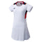 The Yonex 20686 Women's Dress in white showcases an athletic design with short sleeves and navy and red side panels. It features a pleated skirt, subtle red and yellow accents on the shoulders, and incorporates VERY COOL technology for UV protection. A small logo adorns the front of this versatile piece from Yonex.