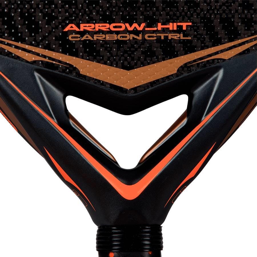 Close-up of the adidas Arrow Hit Carbon CTRL 2026 padel racket featuring bold "ARROW HIT CARBON CTRL" text, a sleek carbon fiber finish, and modern angular design—built for high-level performance.