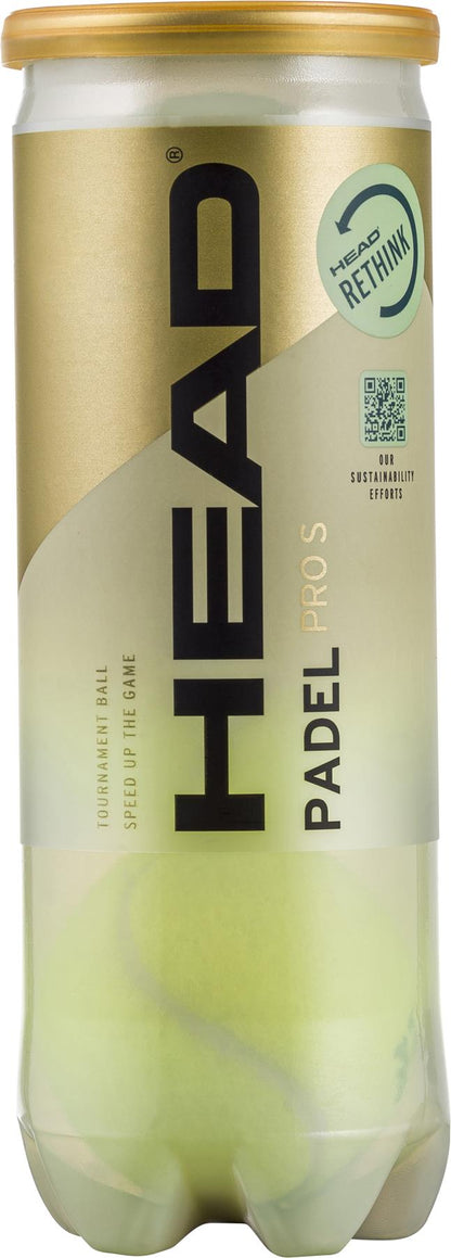 A tube of HEAD Padel Pro S tournament balls, featuring a sleek gold and black design. The label showcases a QR code and highlights sustainability initiatives. The container is semi-transparent, allowing a glimpse of the premium yellow padel balls inside.