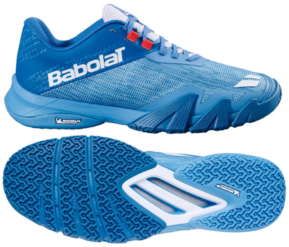 The Babolat Movea 2 Men's Padel Shoes in Seaport/Cherry Tomato feature a textured rubber sole, mesh upper, and white Babolat logo. Top and bottom views showcase the tread pattern and design details.