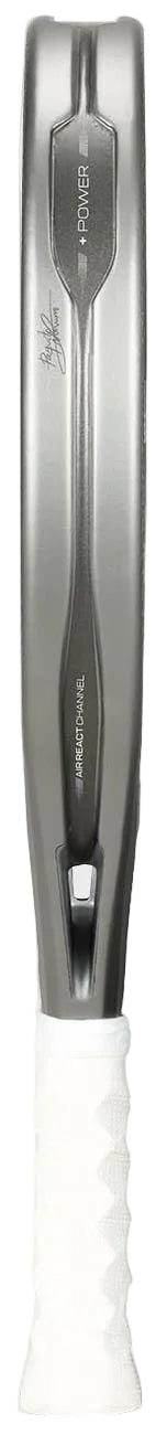 A close-up of the Bullpadel Hack 04 Hybrid Cloud 2026 Padel Racket shows its white grip, metallic gray hybrid frame, and visible Bullpadel branding with a signature on the top edge, displayed vertically.