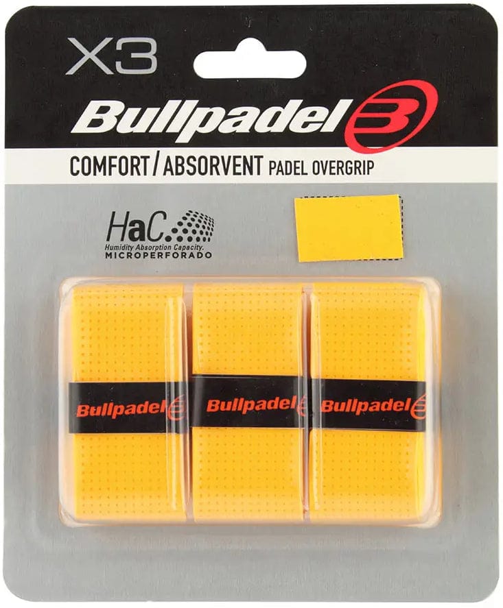 A pack of three Bullpadel GB-1200 Padel Overgrips - Yellow, labeled "Comfort / Absorbent," features cushioned grips in clear packaging with black, red, and white Bullpadel branding.