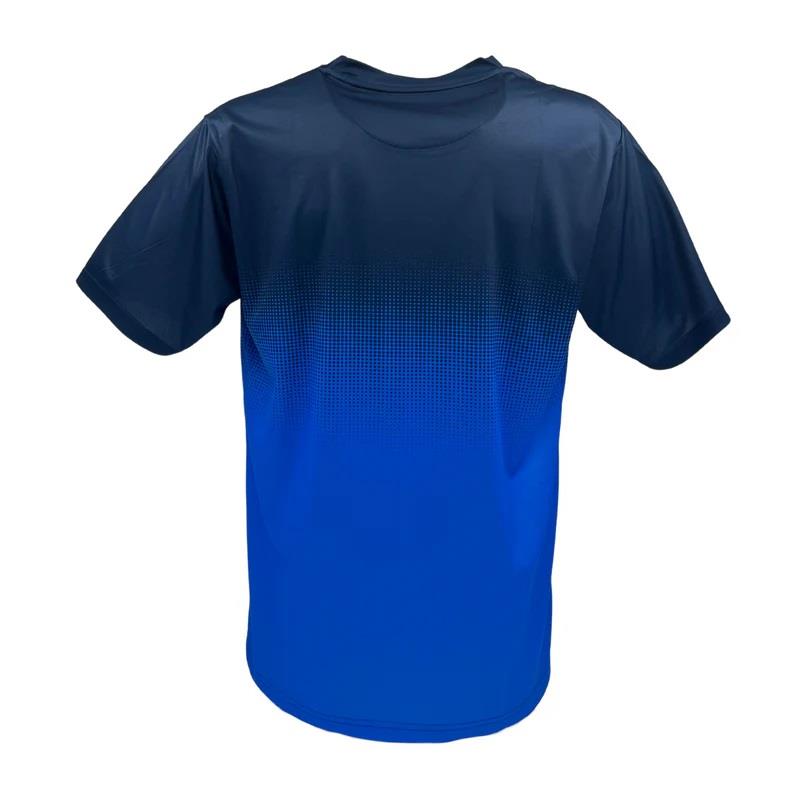 The Yonex YTM5 Men's Padel T-Shirt, available in Royal/Navy, has short sleeves and moisture-wicking polyester fabric. It sports a striking gradient pattern from dark to vibrant blue.