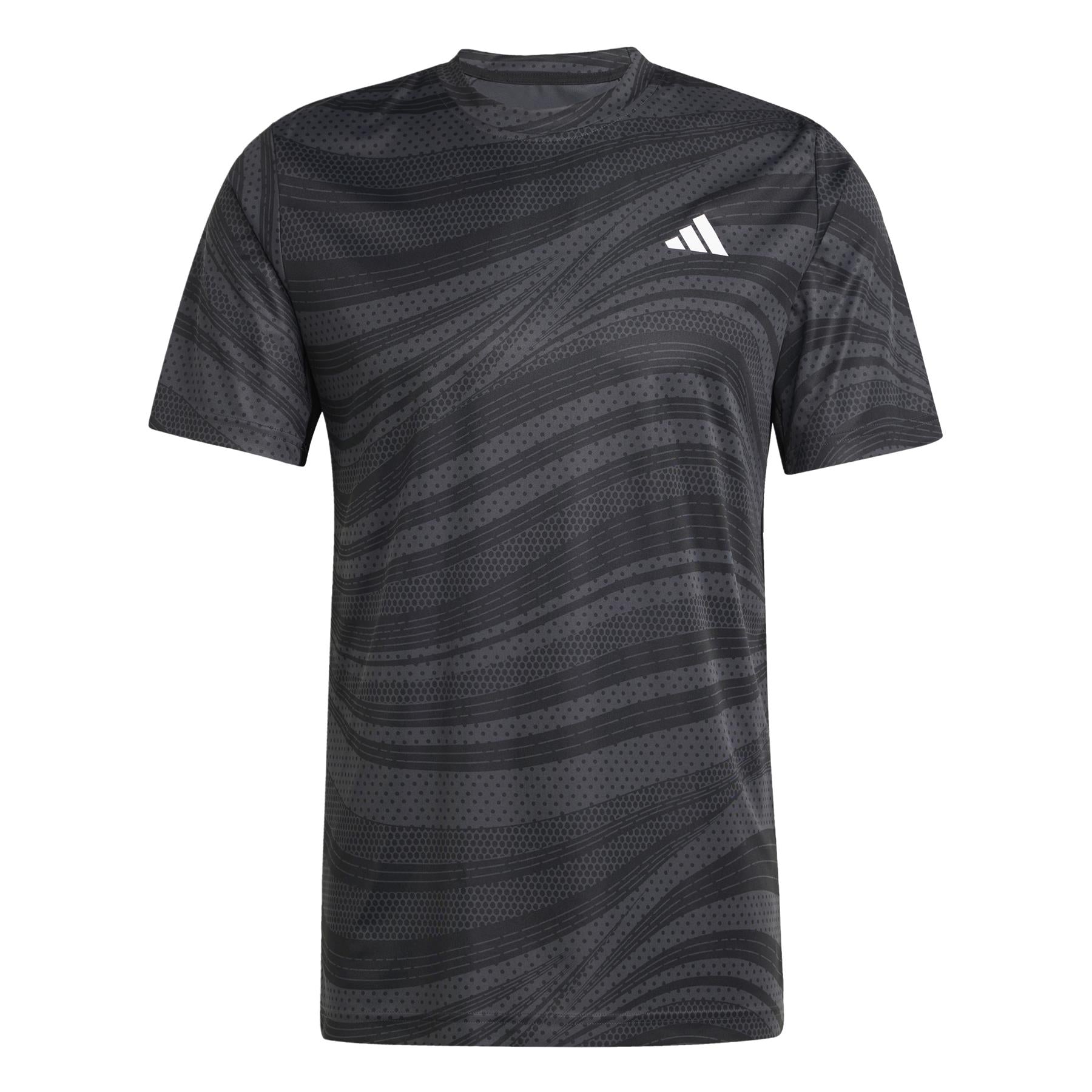 The ADIDAS Men's Club Graphic Padel T-Shirt in black is a short-sleeve athletic shirt featuring a subtle wavy diagonal pattern. Made with AEROREADY and from recycled materials, it includes thin lines, dotted accents, and a small white adidas logo on the left chest.