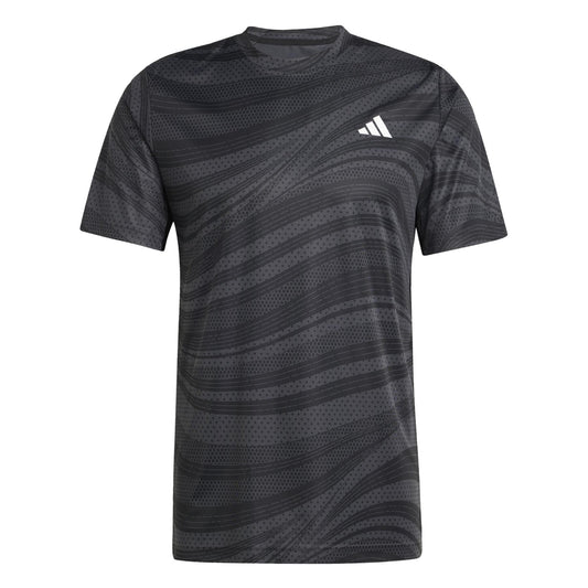 The ADIDAS Men's Club Graphic Padel T-Shirt in black is a short-sleeve athletic shirt featuring a subtle wavy diagonal pattern. Made with AEROREADY and from recycled materials, it includes thin lines, dotted accents, and a small white adidas logo on the left chest.