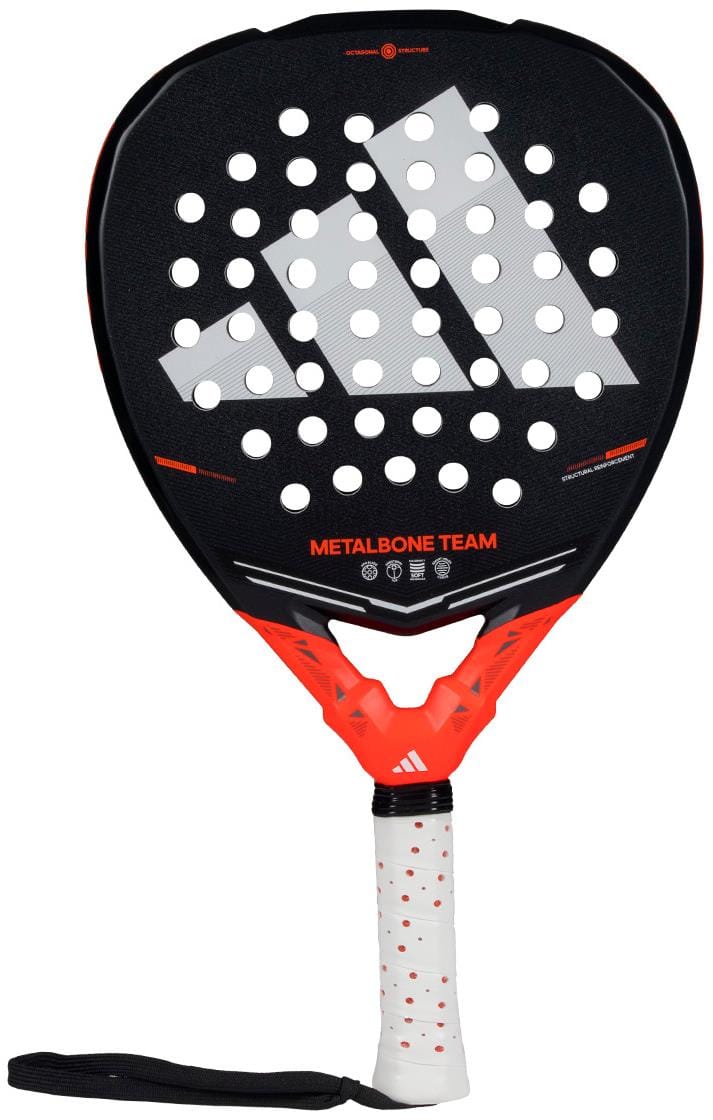 The adidas Metalbone Team 2026 Padel Racket in black and red features a white grip, circular holes, wrist strap, and white adidas logo. Equipped with Spin Blade Gritt technology to boost your game on the court.