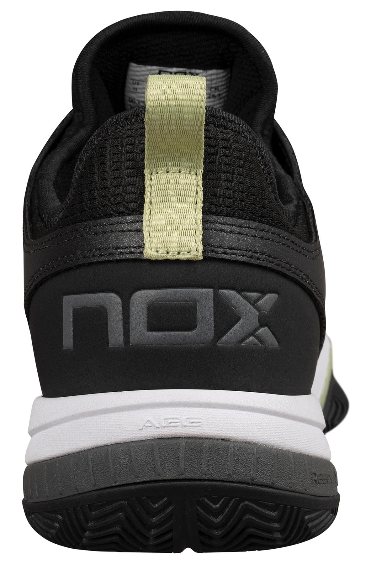 Rear view of the NOX Nerbo Mens Padel Shoes in Black/Soft Lime, featuring a white sole, yellow pull tab, large gray "NOX" branding on the heel, visible tread pattern, mesh details, and Ortholite comfort footbed.