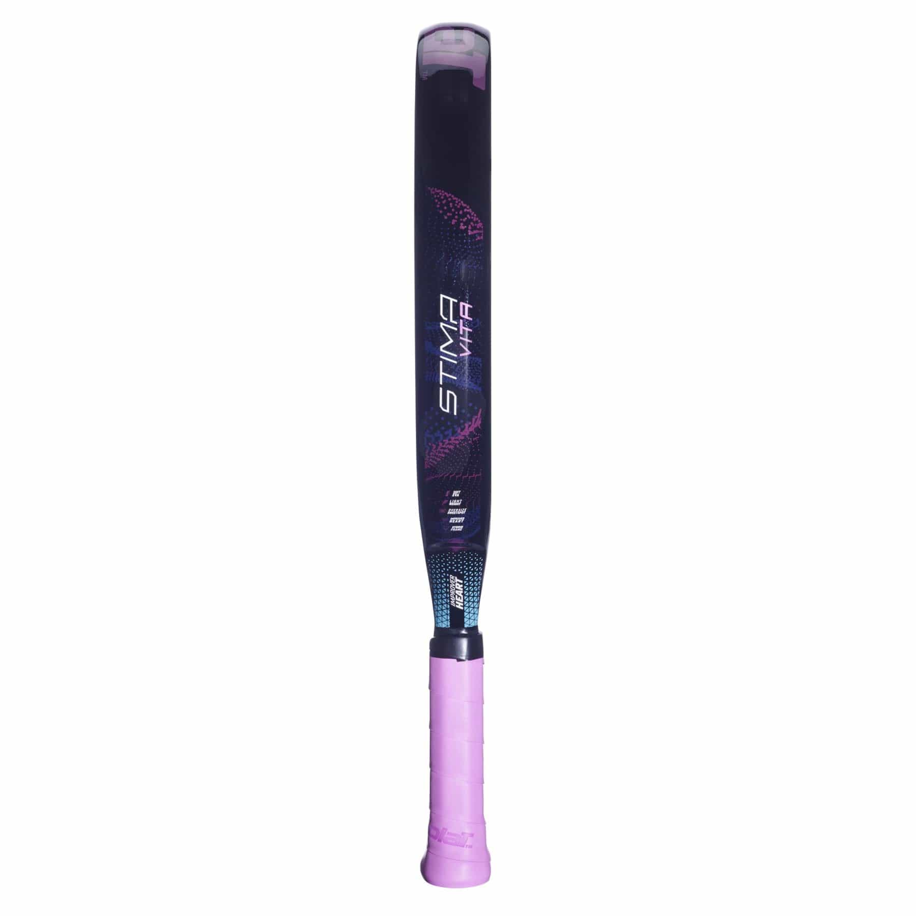 The Babolat Stima Vita Padel Racket in black and purple features blue and pink accents, a light purple grip, and a design inspired by lightweight padel rackets. Brand: Babolat.