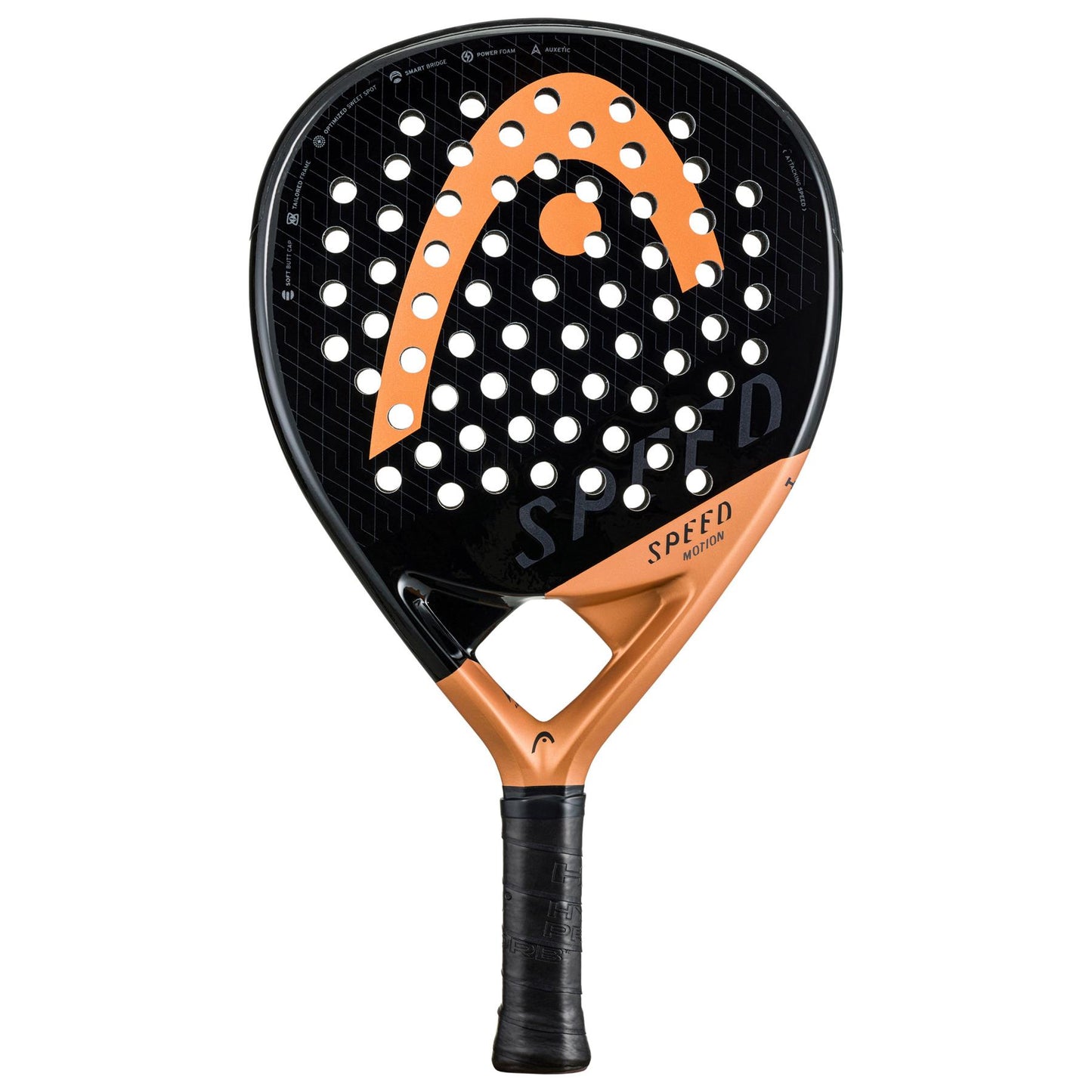 The HEAD Speed Motion 2023 Padel Racket, in sleek black and copper, features a perforated surface with "SPEED" prominently displayed on its face. This racket is enhanced with Auxetic technology and has a black handle featuring a textured grip for optimal control and performance.