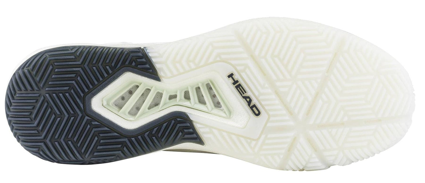 The image displays the sole of the HEAD Motion Pro 1.5 Men's Padel Shoes - White, by HEAD, featuring a geometric tread in dark grey and off-white with "HEAD" printed near the center—emphasizing its performance court shoe design.