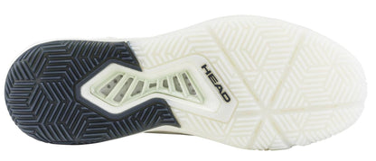 The image displays the sole of the HEAD Motion Pro 1.5 Men's Padel Shoes - White, by HEAD, featuring a geometric tread in dark grey and off-white with "HEAD" printed near the center—emphasizing its performance court shoe design.