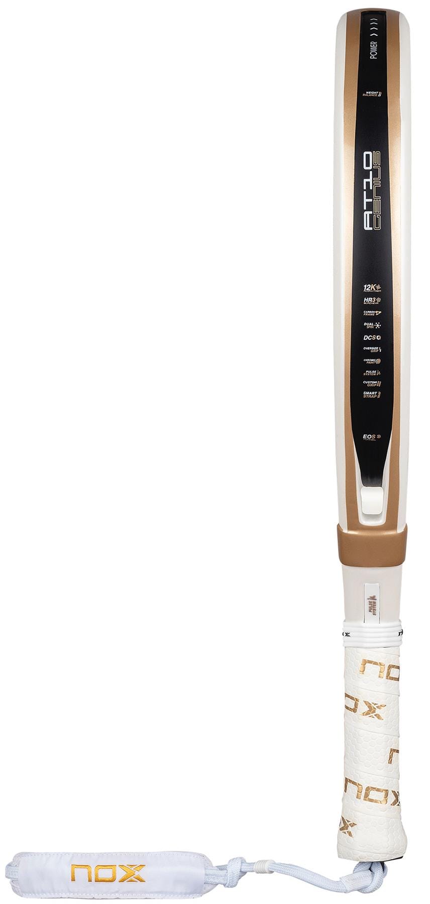 The NOX AT10 Genius 12K Alum Extrem By Agustín Tapia 2026 Padel Racket features a black, gold, and white design with a white grip, gold NOX branding, and a white wrist strap attached to the handle.