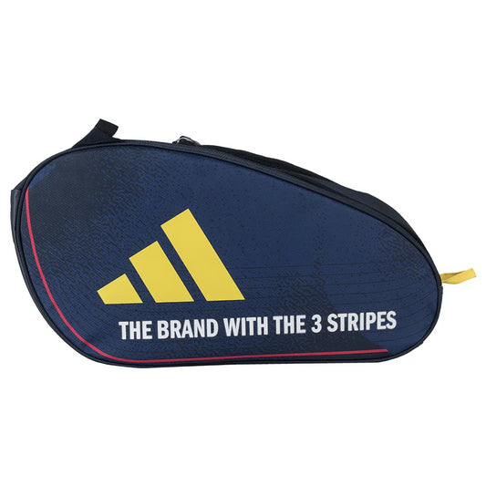 The adidas Control 3.4 Padel Racket Bag in dark blue features a large yellow logo and "THE BRAND WITH THE 3 STRIPES" in white—stylish, functional gear inspired by the ADIDAS Control 3.4 range.