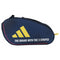 The adidas Control 3.4 Padel Racket Bag in dark blue features a large yellow logo and "THE BRAND WITH THE 3 STRIPES" in white—stylish, functional gear inspired by the ADIDAS Control 3.4 range.