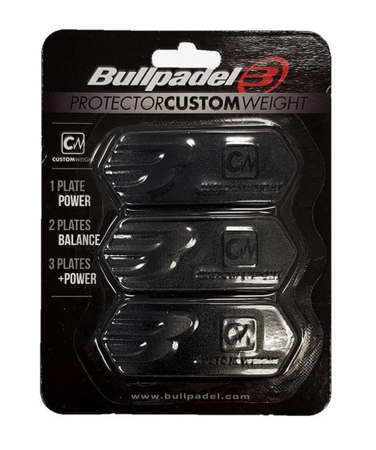 This package contains three Bullpadel Custom Weight Protection Plates in black, ideal for adjusting the balance and power of your padel racket. The packaging is sleek with silver and white text and logos, combining functionality with style.