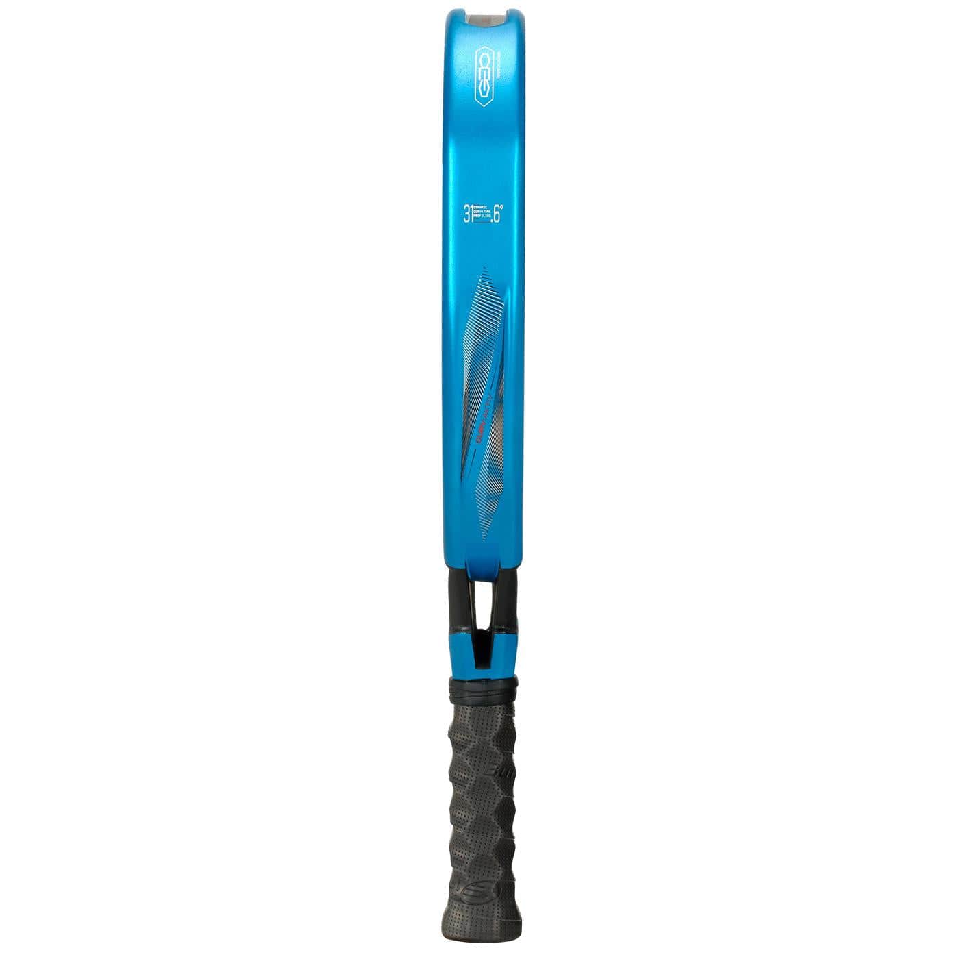 A blue Bullpadel Vertex 05 GEO 2026 padel racket stands upright, front edge forward, with a black and gray textured grip handle and a modern high-performance design.