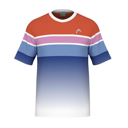 The HEAD Performance Mens Paris Padel T-Shirt - OARO by HEAD features a striking gradient design with horizontal stripes in shades of red, pink, and blue, blending elegantly into a light blue and white gradient. Adorned with a small logo on the upper chest, this t-shirt incorporates Moisture Transfer Microfibre technology to ensure comfort.