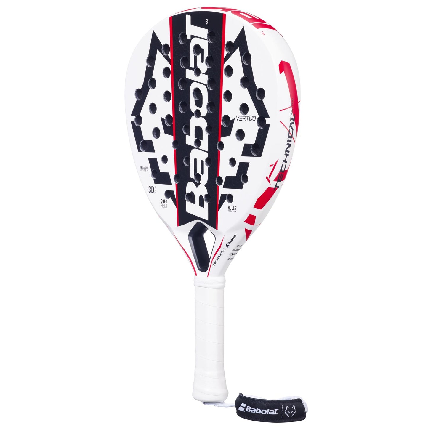 The Babolat Technical Vertuo Juan Lebrón Padel Racket is white, black, and red with a design inspired by Technical Strikers. It has perforations on the face, a white grip, and a detachable strap at the handle's base.