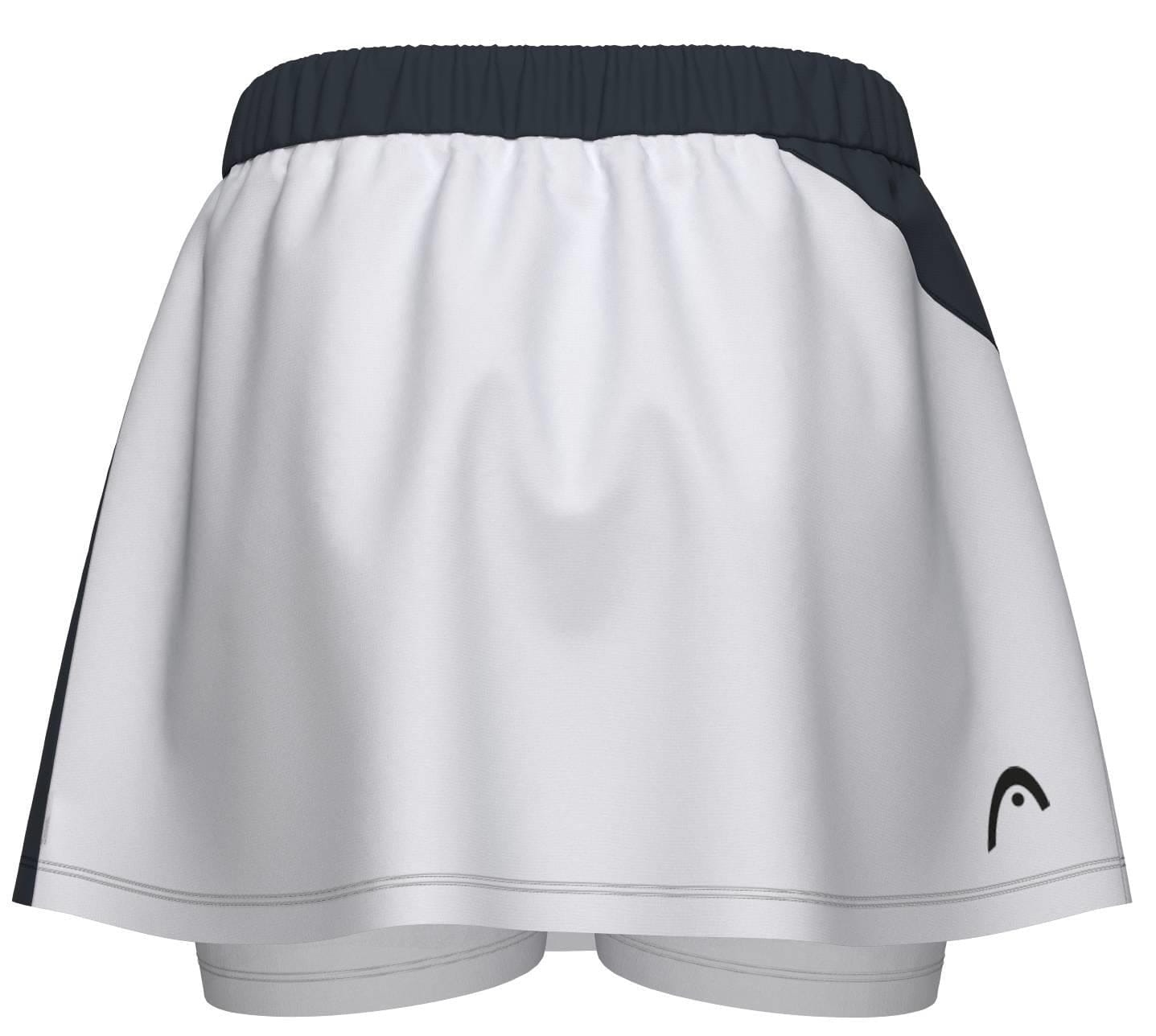The HEAD Dynamic Womens Padel Skort by HEAD features a navy athletic skirt with white accents, 4-way stretch fabric, a small logo on the lower right, and visible white shorts underneath for added comfort.