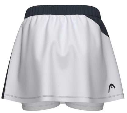 The HEAD Dynamic Womens Padel Skort by HEAD features a navy athletic skirt with white accents, 4-way stretch fabric, a small logo on the lower right, and visible white shorts underneath for added comfort.