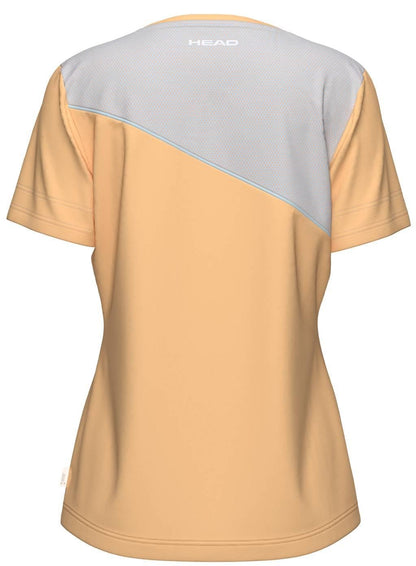Back view of the HEAD Tie-Break Womens Padel T-Shirt - APLB in beige, featuring short sleeves, a light gray mesh panel across the upper back, and "HEAD" branding near the neckline for moisture-wicking performance.